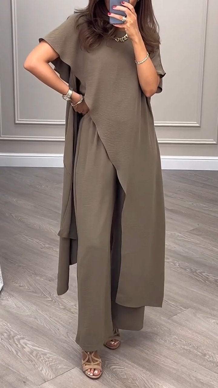 Round Neck Slit Long Top + Wide Leg Pants Two-piece Suit