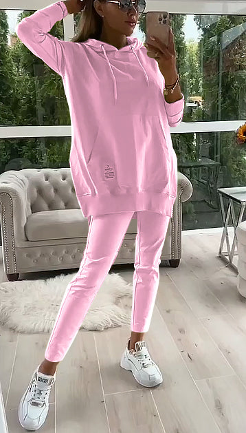 Women's Fashion Solid Color Hoodie and Lined Leggings two-piece set TOP+PANTS Pink