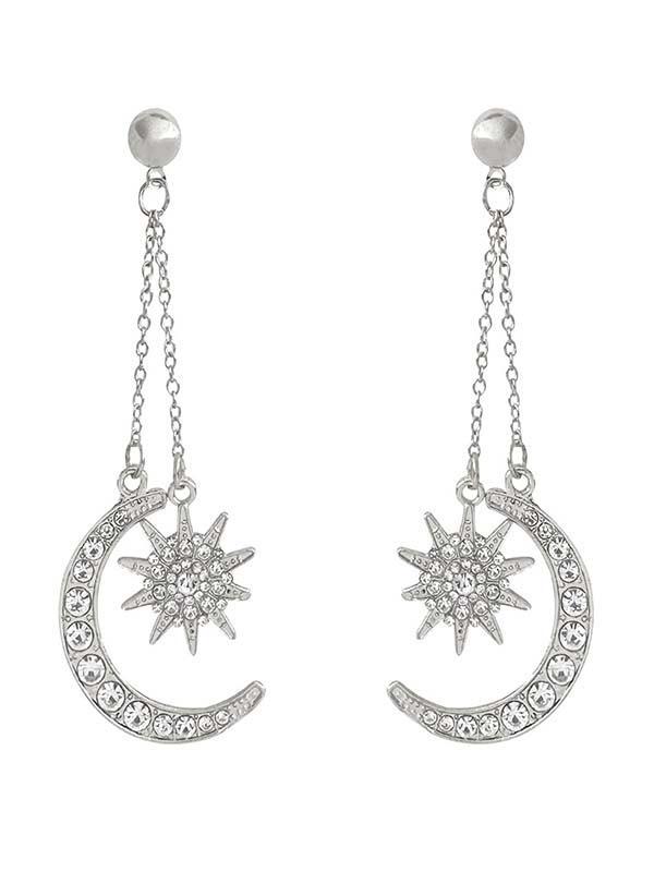 Six Pointed Star Moon Earrings Silver one-size