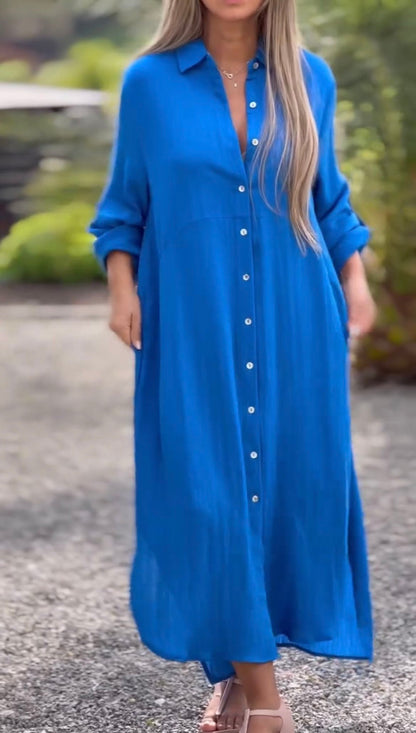 Women's Casual Solid Color Button Front Linen Shirt Dress Blue