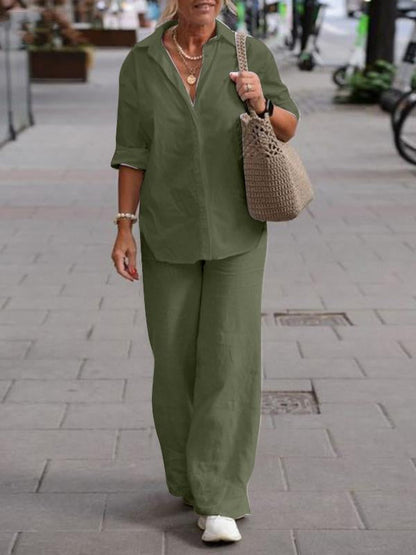 Lapel Long Sleeve Shirt Pants Wide Leg Suit green