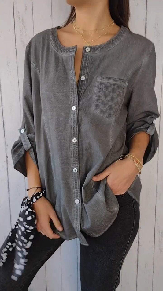 Round Neck Mid-sleeve Cotton and Linen Casual Top gray