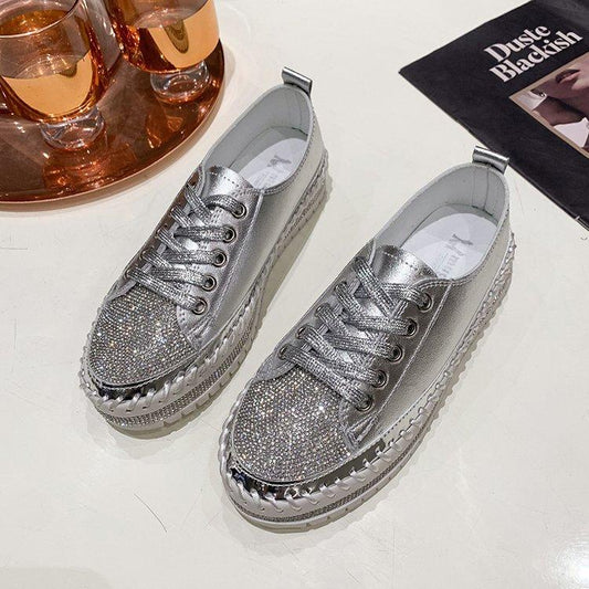 Casual Diamond setting Lace Up Flat shoes Silver