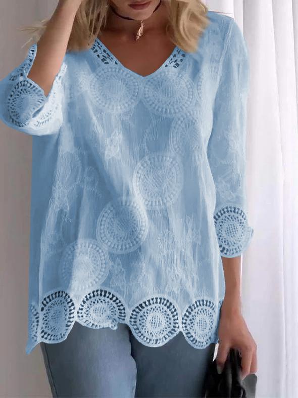 Casual V-neck Lace Hollow Top blue