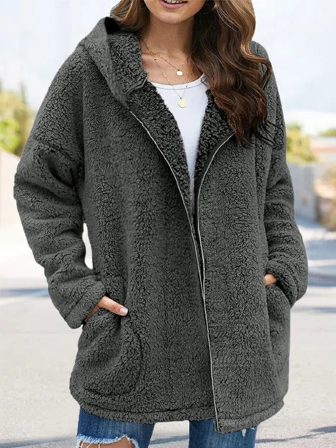 Women Autumn Winter Causal Daily Plush Fleece Zipper Long Sleeve Teddy Coat GRAY