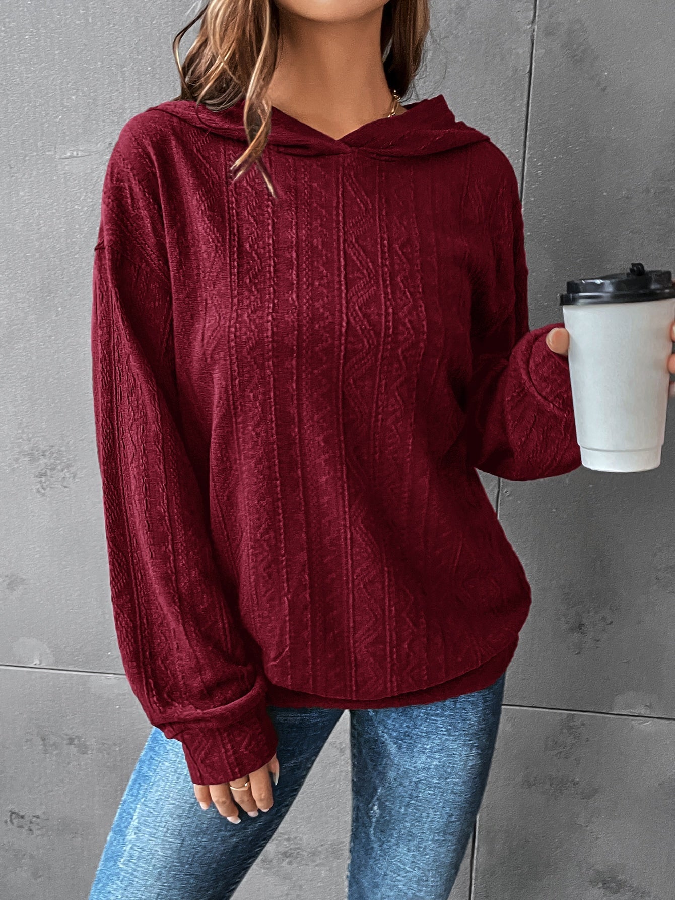 Solid Drop Shoulder Hoodie Burgundy