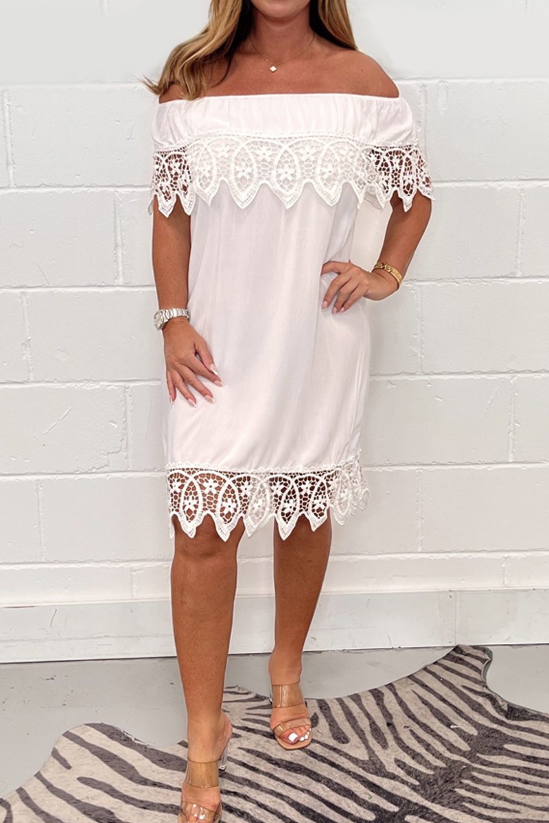 Distressed lace patchwork dress White