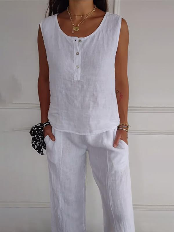 Women's Cotton and Linen Solid Color Two-piece Set White