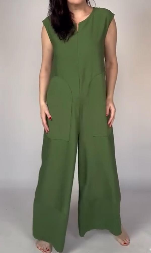 Women's Round Neck Solid Color Jumpsuit