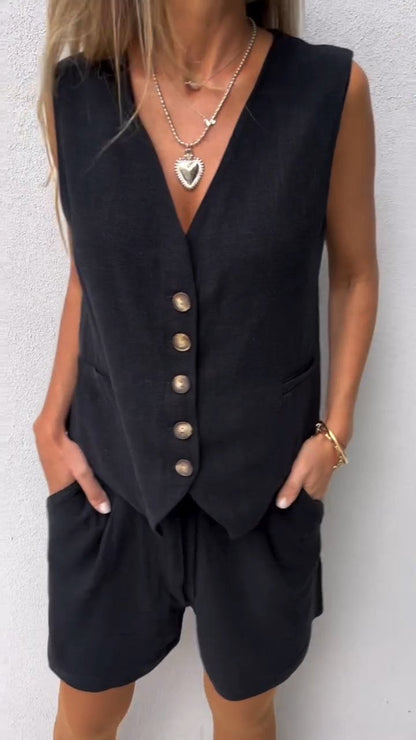 Cotton and Linen Vest Set black