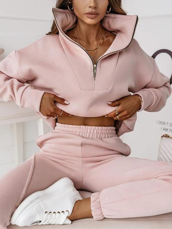 Hoodie Stand-up Collar Zipper Jacket Solid Color Long Pants Suit Pink