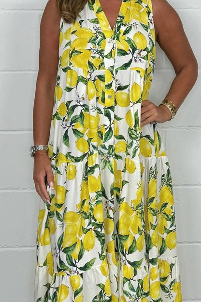 Women's Lemon Print Sleeveless Maxi Dress