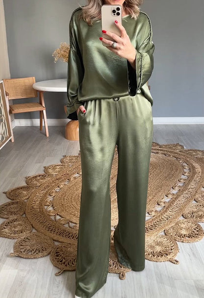 Satin Crew Neck Long Sleeve Two-piece Suit green