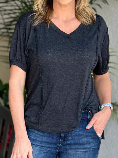 Spliced solid Color V-neck Washed Top Black