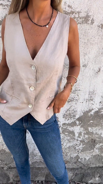 V-Neck Cotton And Linen Vest