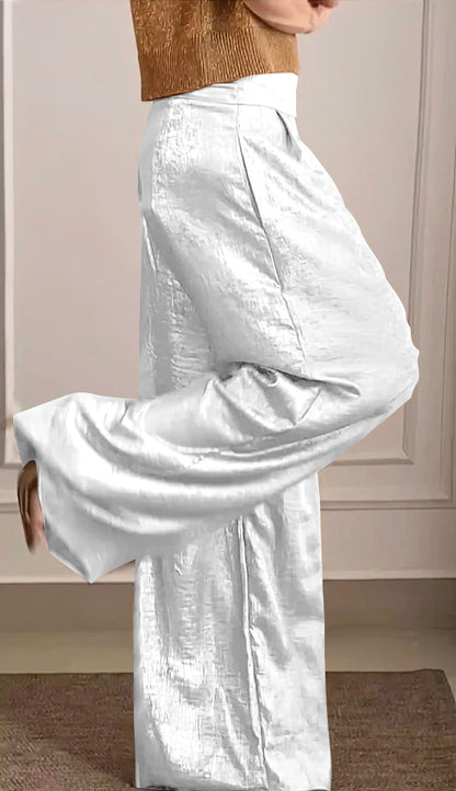 Women's Smooth Satin Half-sleeved Top and Pant Suit Two-piece pant white