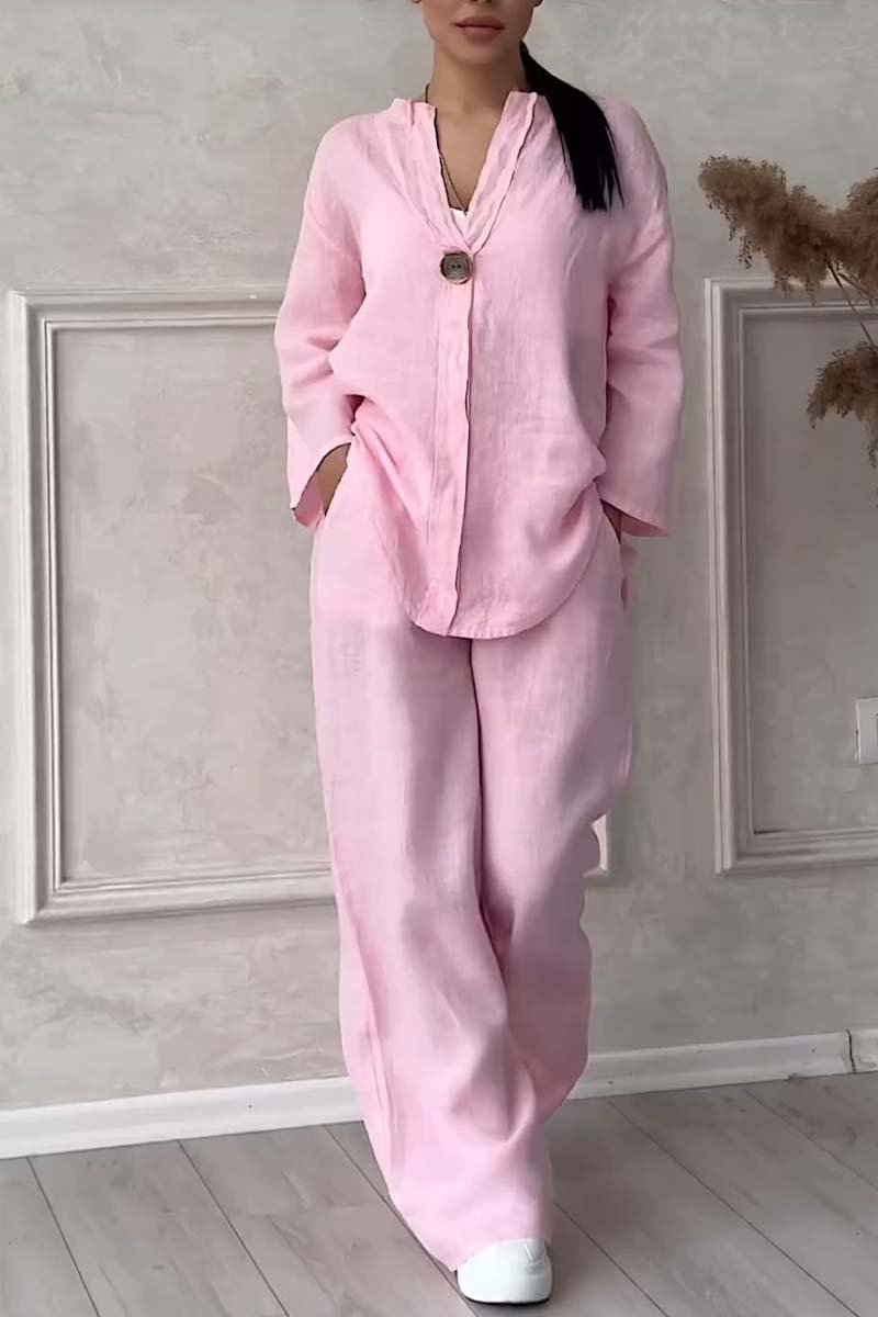 Casual button decorated cotton and linen two-piece set Pink