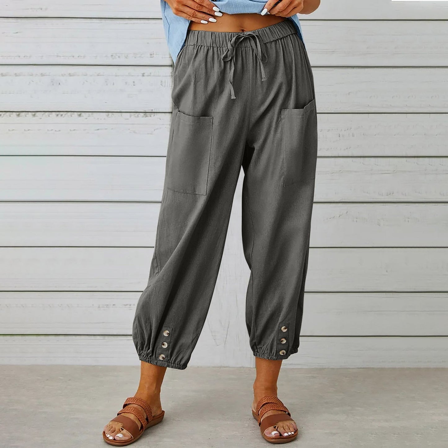 Women's Linen Cotton Pocket Ruffle Casual Pants Wide Leg Pants Dark Gray