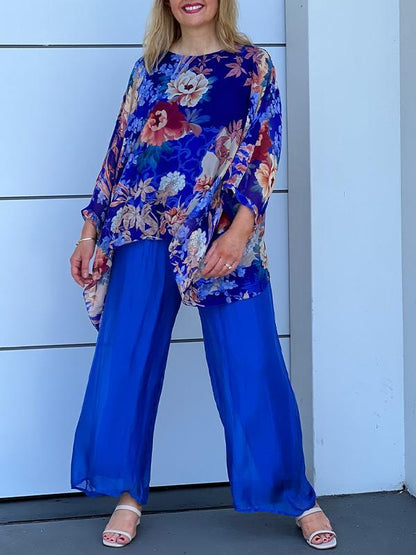 Round Neck Long Sleeve Chiffon Printed Suit