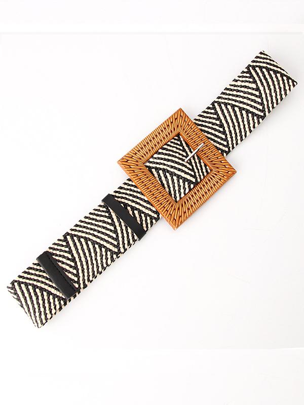 Women's Grass Woven Elastic Woven Belt Elastic Waist Seal Bohemian Style Khaki black One Size