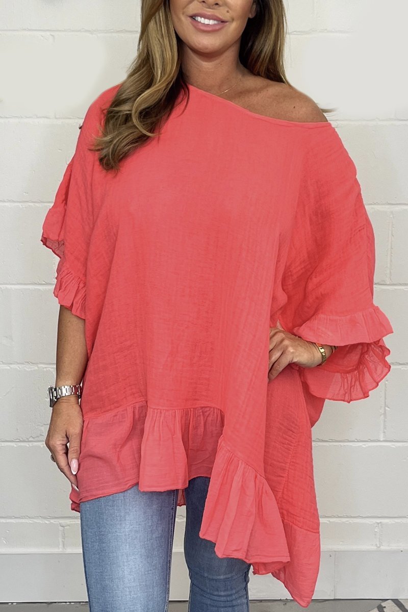 Solid color loose cotton and linen top Coral