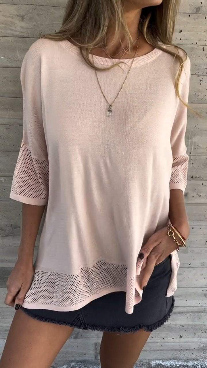 Casual Round Neck Hollow Sleeve Top pink