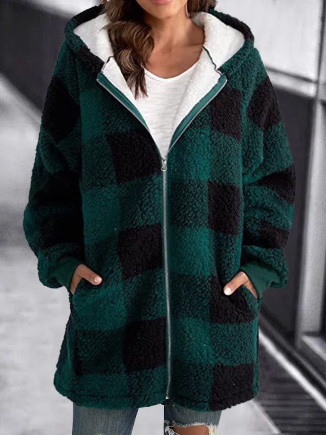 Women Oversized Hoodie Plaid Loose Overcoat Green