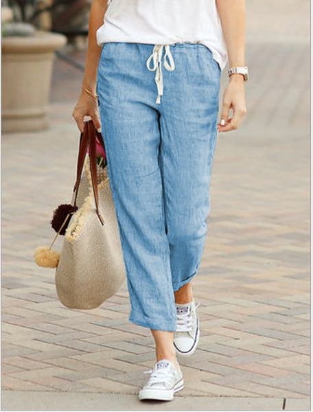 Solid Color Loose Casual Cotton and Linen Cropped Pants Blue