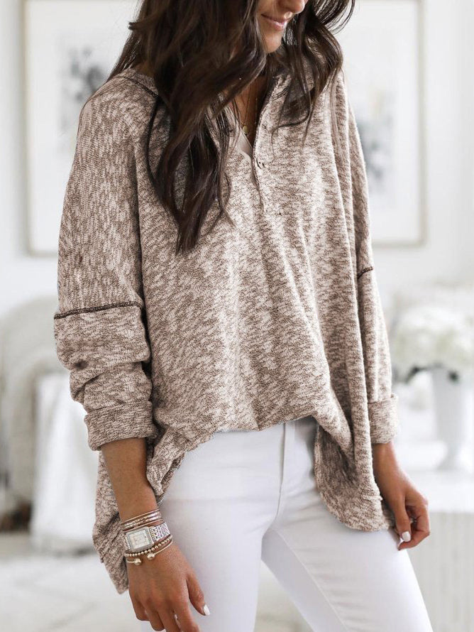 Long Sleeve V Neck Button Pullover Khaki