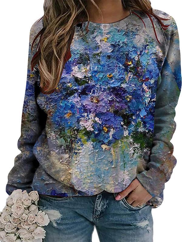 Casual Round Neck Colorful Printed Long Sleeve Top purple