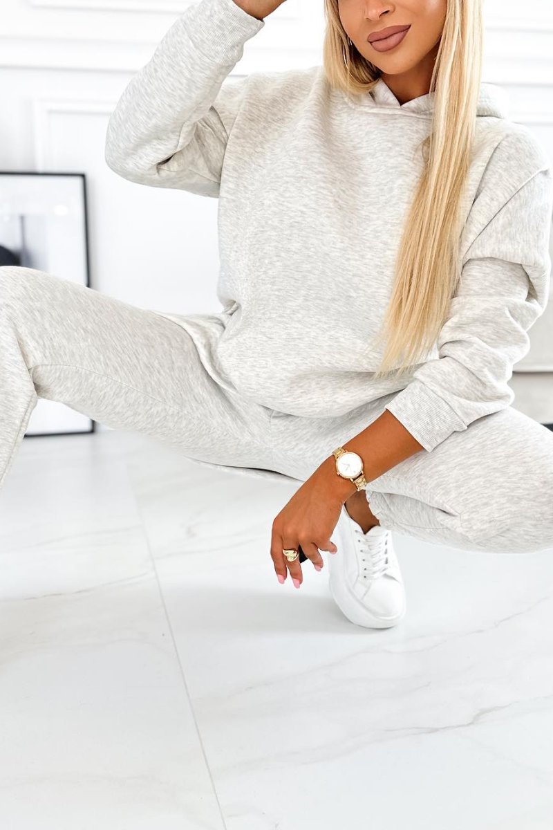 Women's Fashion Solid Color Hoodie and Long Pants Suit Light Grey