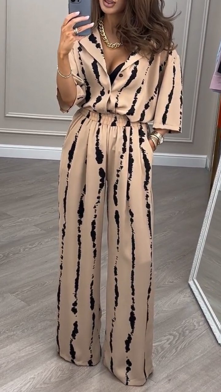 V-neck Striped Top + Wide-leg Pants Two-piece Set