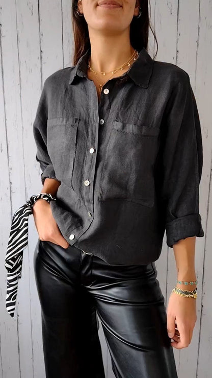 Cotton and Linen Solid Color Shirt black