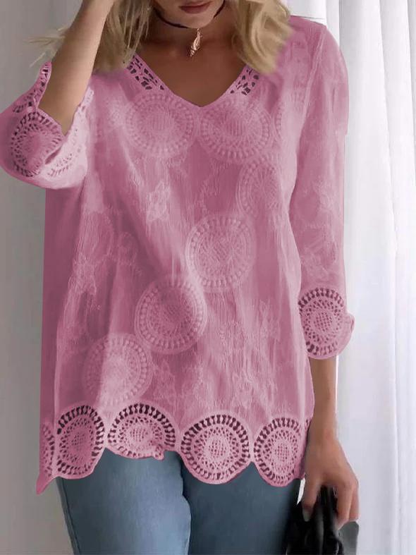 Casual V-neck Lace Hollow Top purple