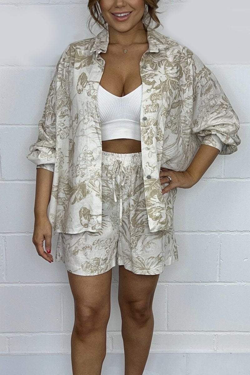 Women Cotton and linen Leaf Print Shorts Co-Ord Beige