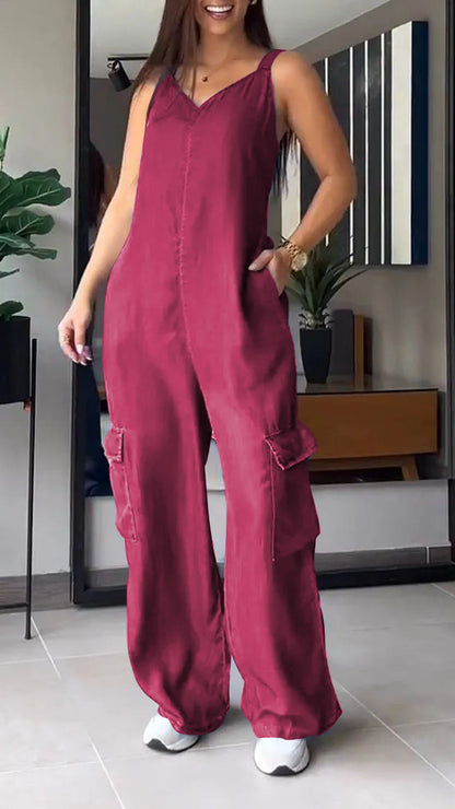 Thin Denim Cargo Pocket V-neck Jumpsuit rose red