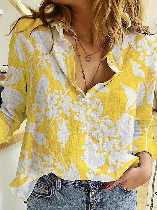 Lapel Casual Loose Skin-friendly Long-sleeved Linen Women's Shirt Yellow