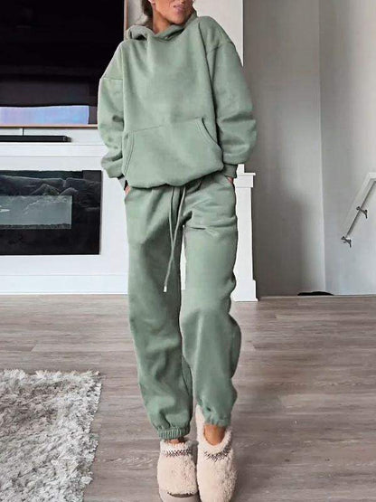 Women's Solid Color Hooded Shorts Sweatshirt & Pants Set with Pockets