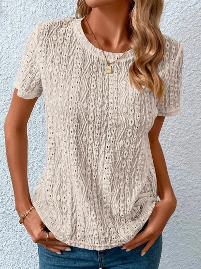 Loose Casual Crew Neck Solid Eyelet Embroidery Round Neck Tee apricot