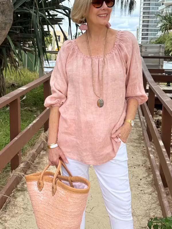 Women's elastic ruffled cotton and linen long-sleeved shirt