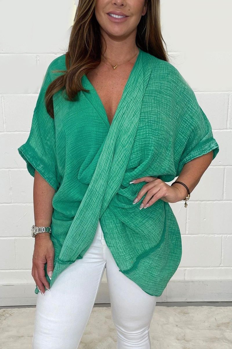 Solid color cotton and linen top Green