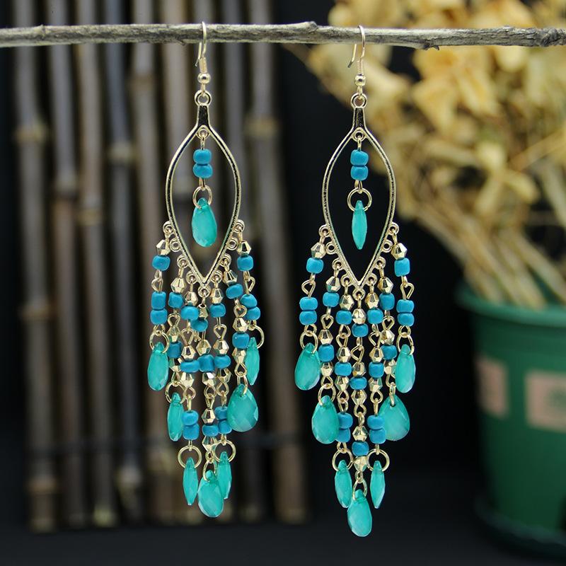 Bohemian Retro Long style Water Drop Earrings Blue One Size