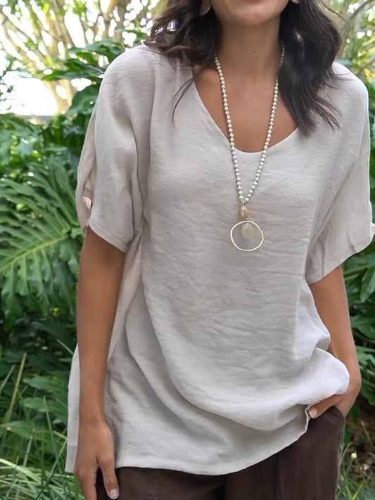 V-neck cotton and linen bat sleeve top Beige