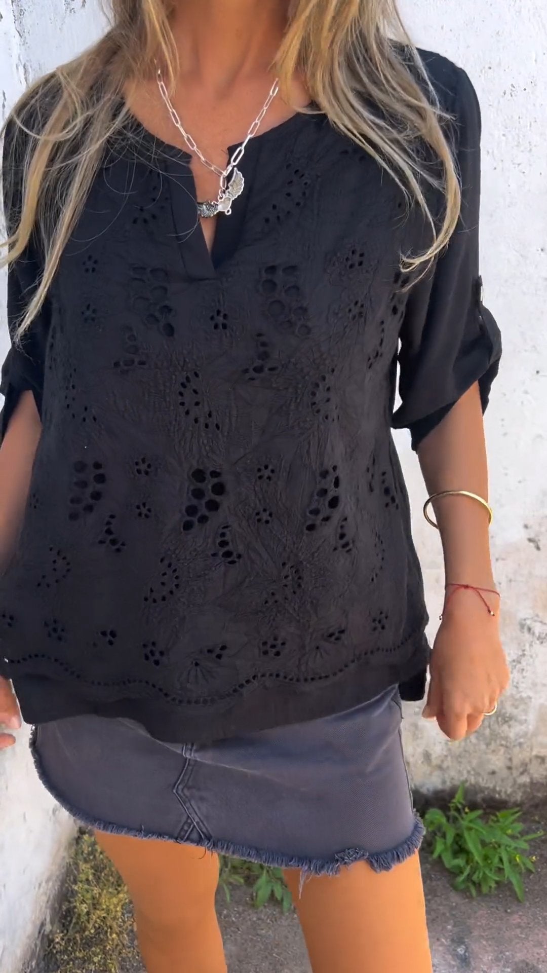 V-neck Cut-out Embroidered Half-sleeve Top Black