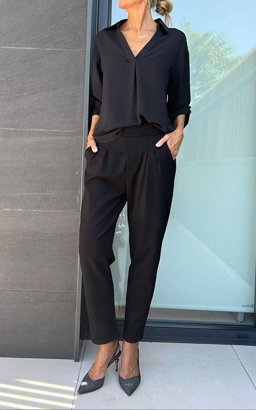 Casual V-neck Mid-sleeve Two-piece Suit black