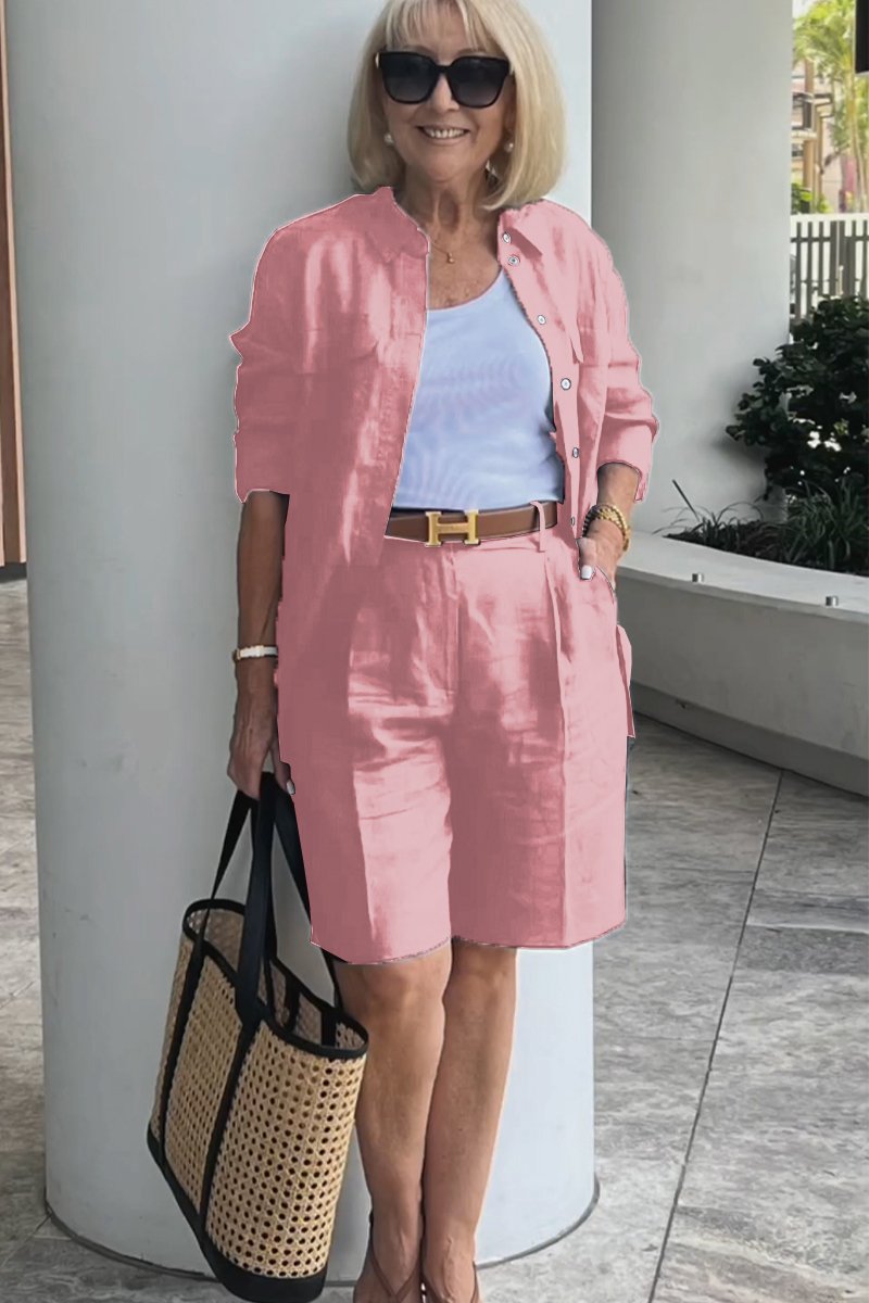 Cotton and linen shirt short suit Pink