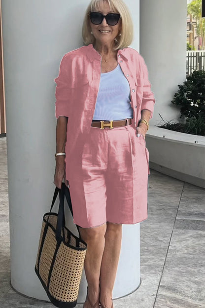 Cotton and linen shirt short suit Pink