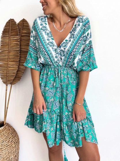 Women's Casual Resort Bohemian V-Neck Dress Green