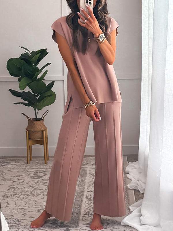 Women's Plain Sweater Casual Two Piece Suit Pink