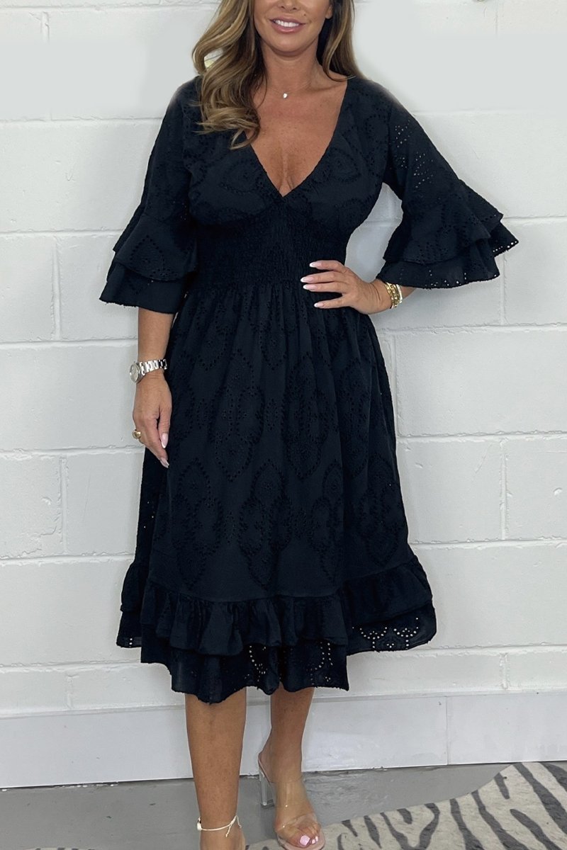 Smocked V Neck Dress Black